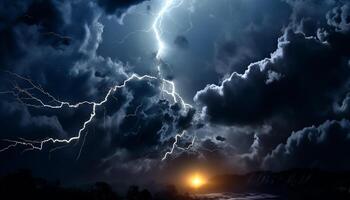 ai generado dramático cielo, oscuro noche, tormenta, majestuoso montañas, mojado césped generado por ai foto