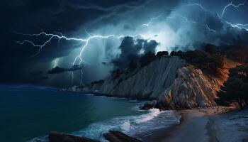 ai generado dramático cielo, oscuro noche, tormenta, majestuoso montañas, mojado césped generado por ai foto