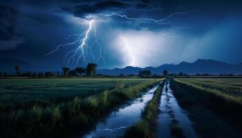 ai generado dramático cielo, oscuro noche, tormenta, majestuoso montañas, mojado césped generado por ai foto