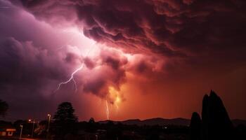 AI generated Dramatic sky, dark night, thunderstorm, majestic mountains, wet grass generated by AI photo