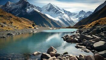 ai generado majestuoso montaña pico refleja en tranquilo agua, naturaleza belleza generado por ai foto