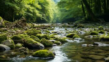 AI generated Majestic mountain peak reflects in tranquil water, nature beauty generated by AI photo