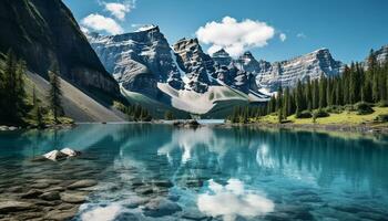 AI generated Majestic mountain range reflects in tranquil water, showcasing natural beauty generated by AI photo