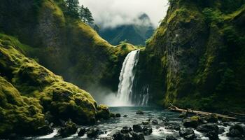 ai generado majestuoso montaña rango, fluido agua, tranquilo escena, naturaleza belleza generado por ai foto