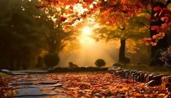 AI generated Autumn leaf on old wooden table, nature rustic decoration generated by AI photo