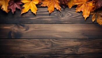 AI generated Autumn leaf on old wooden table, nature rustic decoration generated by AI photo