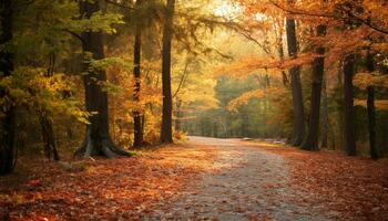 AI generated Autumn leaf on old wooden table, nature rustic decoration generated by AI photo