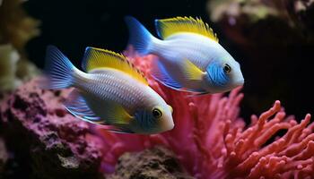 AI generated Vibrant clown fish swim below the colorful coral reef generated by AI photo