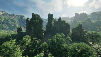 un lozano bosque paisaje con imponente arboles y escabroso rocas foto