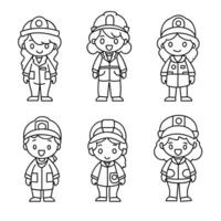 Cute women characters in various outfits, girls in cute uniforms, thin line art, hand drawn vector illustration, black and white style.