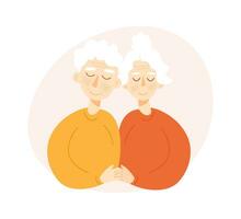 Happy senior couple in love. Elderly man and woman hugging each other. Flat cartoon vector characters isolated on white background