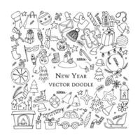 Vector black and white New Year set on a white background in cartoon style. Doodle pictures for Christmas. Holiday set.