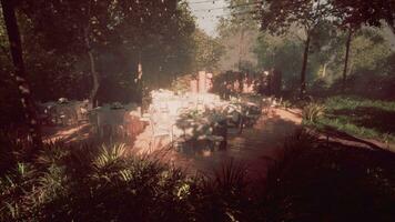 Unoccupied restaurant patio surrounded by trees photo