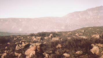 highland plateau between rocky mountains in the misty daybreak photo