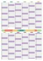 Calendar planner for 2024 in vertical format with the ability to record for 12 months. The size is proportional for printing. Vector