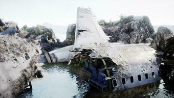 Deteriorating airplane on rocky island edge photo