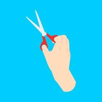 pose of hand holding scissors. isolated blue background. vector flat illustration.