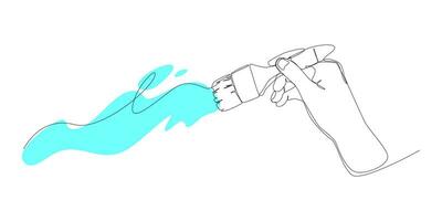 hand holding brush and doing painting in continuous one line drawing style. vector illustration.