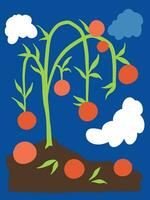 Abstract round red fruit or vegetable plant that resembles a tomato, with soil and clouds at night. Vector illustration for tshirt or poster design. Simple flat cartoon minimalist art styled drawing.