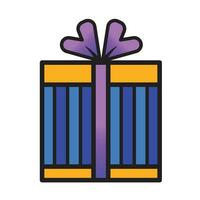 Blue and orange colored gift box with stripe pattern and purple ribbon vector icon outlined isolated on square white background. Simple flat minimalist cartoon art styled drawing.