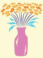 Abstract orange colored flowers with purple stem and blue leaves in pink vase. Vector illustration for tshirt and poster design on vertical backdrop. Simple flat cartoon minimalist art styled drawing.