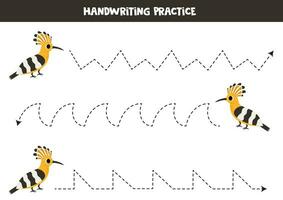 Tracing lines for kids. Cute cartoon hoopoe bird. Handwriting practice. vector