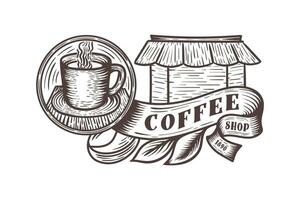 café tienda y café producto etiqueta, insignias, emblemas y logo. mano dibujado grabado estilo ilustración. monocromo gráfico Arte con grabado diseño elementos. vector