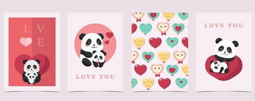 cute panda background set with heart for valentine's day.illustration vector for postcard