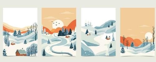 winter landscape background with mountain,tree.Editable vector illustration for postcard,a4 vertical size