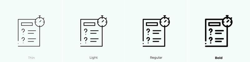 examen icono. delgado, luz, regular y negrita estilo diseño aislado en blanco antecedentes vector