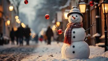 ai generado sonriente hombre en invierno, celebrando con nieve, regalo, y alegría generado por ai foto