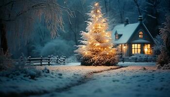 ai generado sonriente hombre en invierno, celebrando con nieve, regalo, y alegría generado por ai foto