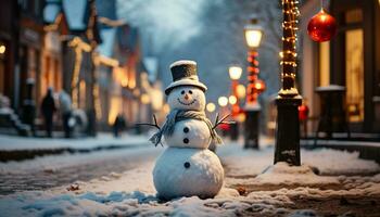 alegre monigote de nieve sonrisas, invierno noche iluminado por Navidad luces generado por ai foto