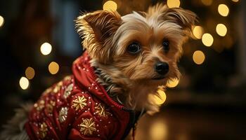 Cute terrier puppy looking at camera, Christmas tree illuminated generated by AI photo