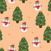 Cartoon snowman seamless pattern with Christmas trees and elements. Cute Christmas wallpaper for cards, gift wrapping paper vector