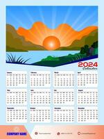 2024 One page wall calendar design template, modern 12 months one page calendar. Modern wall calendar design 2024. Print Ready One Page wall calendar template design for 2024. Week starts on Sunday. vector