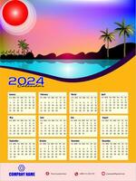 2024 One page wall calendar design template, modern 12 months one page calendar. Modern wall calendar design 2024. Print Ready One Page wall calendar template design for 2024. Week starts on Sunday. vector