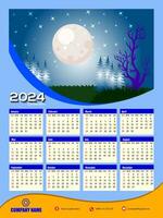 2024 One page wall calendar design template, modern 12 months one page calendar. Modern wall calendar design 2024. Print Ready One Page wall calendar template design for 2024. Week starts on Sunday. vector