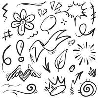 Conjunto de vectores de doodle de signo de expresión de dibujos animados dibujados a mano, flechas direccionales de curva, elementos de diseño de efectos de emoticonos, símbolos de emoción de personaje de dibujos animados, lindas líneas de trazo de pincel decorativo.