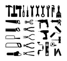 herramienta icono conjunto con tornillo, llave inglesa, alicates, martillo, perforar acortar Arte logo vector