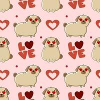 Seamless pattern with cute breed  pug and hearts on pink background vector
