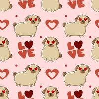 Seamless pattern with cute breed  pug and hearts on pink background vector