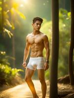 ai generado joven hermoso hombre posando en naturaleza foto