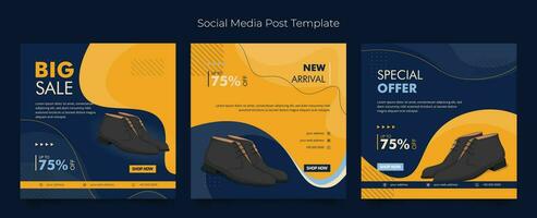 Social media template with leather shoes in blue yellow background for product advertising design vector