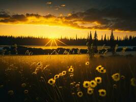 AI generated Glowing Fields of Winter Soft Focus Sunset Meadow with Yellow Flowers Nature's Embrace. A Symphony of Colors Warm Winter Sunset Meadow with Abstract Soft Focus Nature Harmony photo