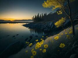 ai generado brillante campos de invierno suave atención puesta de sol prado con amarillo flores de la naturaleza abarcar. un sinfonía de colores calentar invierno puesta de sol prado con resumen suave atención naturaleza armonía foto