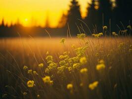 AI generated Glowing Fields of Winter Soft Focus Sunset Meadow with Yellow Flowers Nature's Embrace. A Symphony of Colors Warm Winter Sunset Meadow with Abstract Soft Focus Nature Harmony. photo