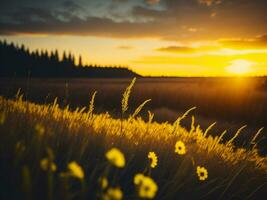 ai generado brillante campos de invierno suave atención puesta de sol prado con amarillo flores de la naturaleza abarcar. un sinfonía de colores calentar invierno puesta de sol prado con resumen suave atención naturaleza armonía. foto