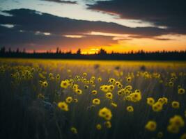 AI generated Glowing Fields of Winter Soft Focus Sunset Meadow with Yellow Flowers Nature's Embrace. A Symphony of Colors Warm Winter Sunset Meadow with Abstract Soft Focus Nature Harmony. photo