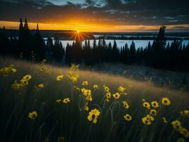 AI generated Glowing Fields of Winter Soft Focus Sunset Meadow with Yellow Flowers Nature's Embrace. A Symphony of Colors Warm Winter Sunset Meadow with Abstract Soft Focus Nature Harmony. photo